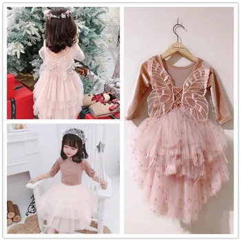 

2020 spring summer fashion girls clothes baby girls dresses Sweet solid color three-dimensional butterfly long-sleeved dress