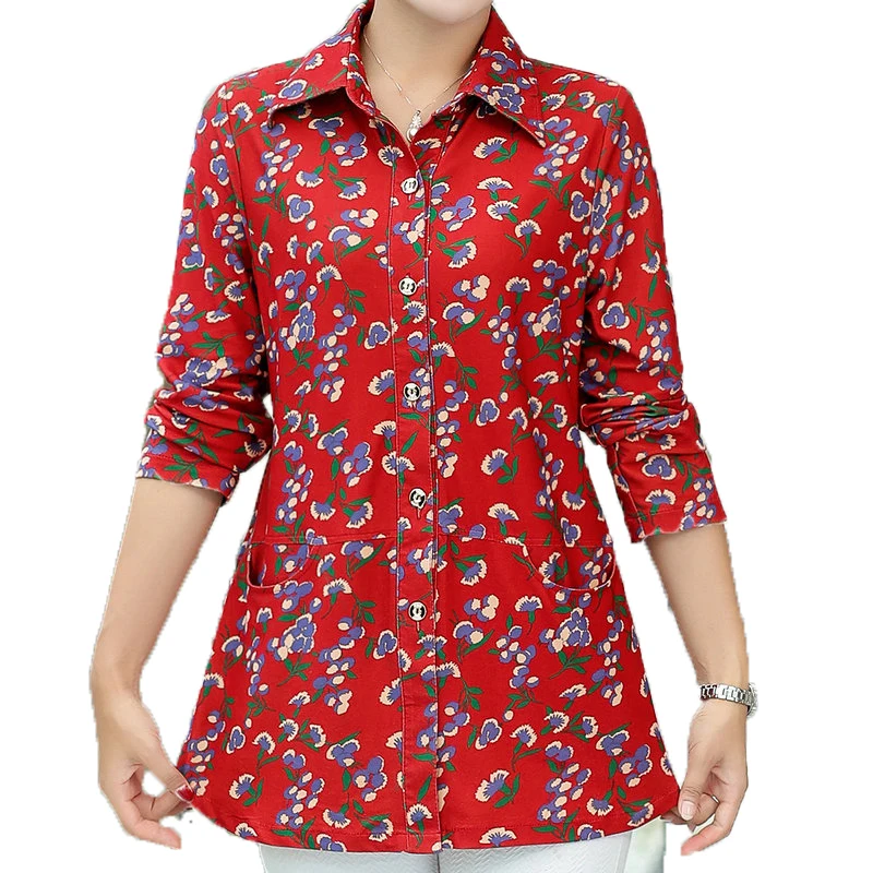 

Woman Flower Shirt Chinese Style Red Green Orange Printing Autumn Spring Cotton Tops For Middle Aged Women Elegant Shirts New