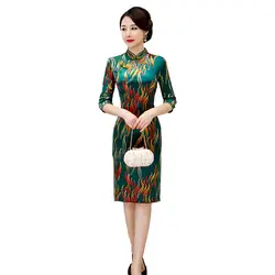 Зеленое осенне-зимнее винтажное женское китайское традиционное тонкое китайское классическое женское платье-Ципао с воротником-стойкой
