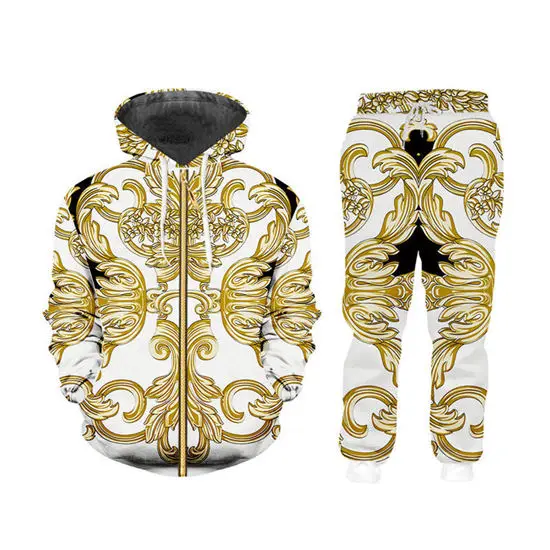Baroque 3d Men's Tracksuits Sets Luxury Palace Gold Flower Print Zipper Hoodie Sweatpants 2 Piece Set Custom Unisex Clothing (1)