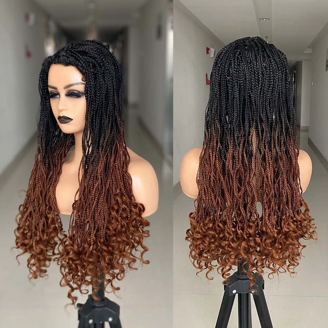 Ready to ship micro braids, side part style, braided wigs for black women -  Wigs brown, , braided, short, synthetic hair