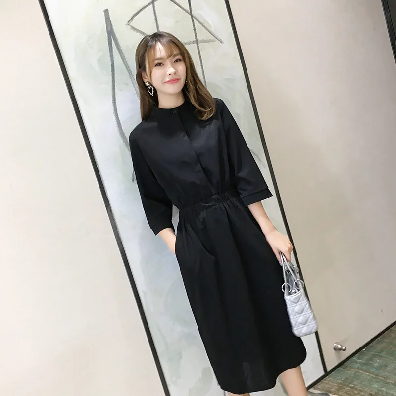 

Loose-Fit Slimming Waist Hugging Slit Elegant Long Skirts Debutante Commuting Style Dress Black And White with Pattern