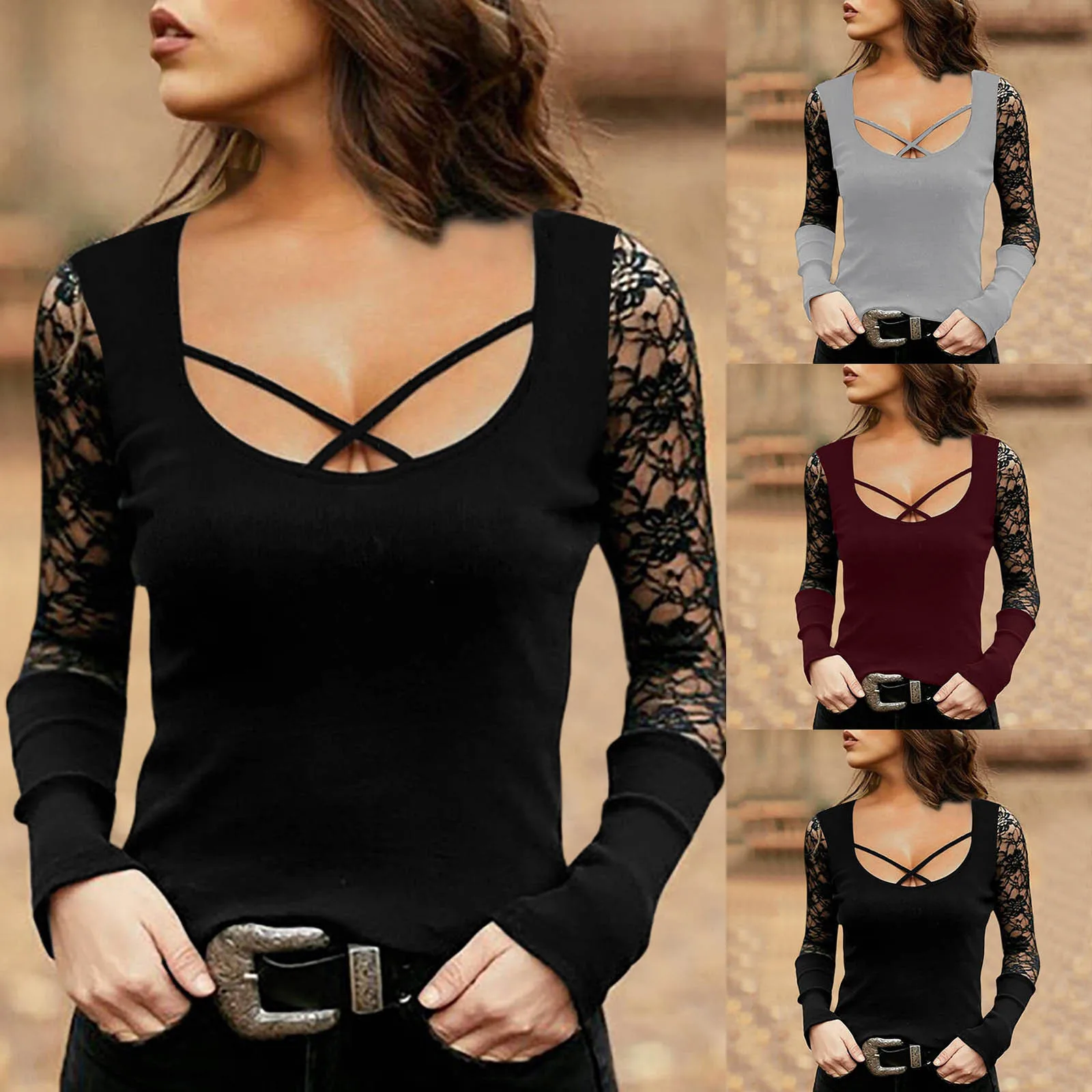 Blouse Mesh Female-tops Long-sleese 2021women's Fashion Round Neck Cross The Chest Casual Tops Lace Blouse Женское Платье 1