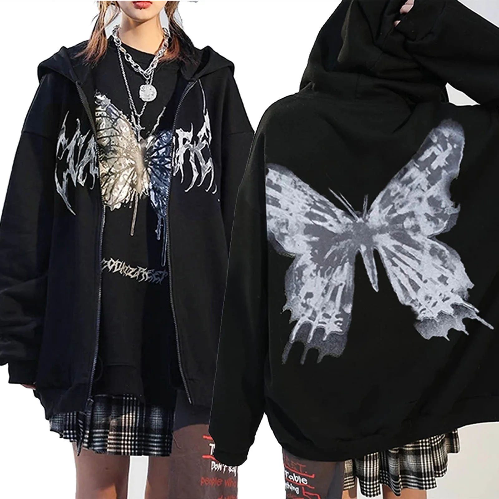 Hip Hop Oversize Women Hoodies Autumn Streetwear Butterfly Print Black Sweatshirt Harajuku Zip Up Goth Punk Female Jacket Hoodie 1
