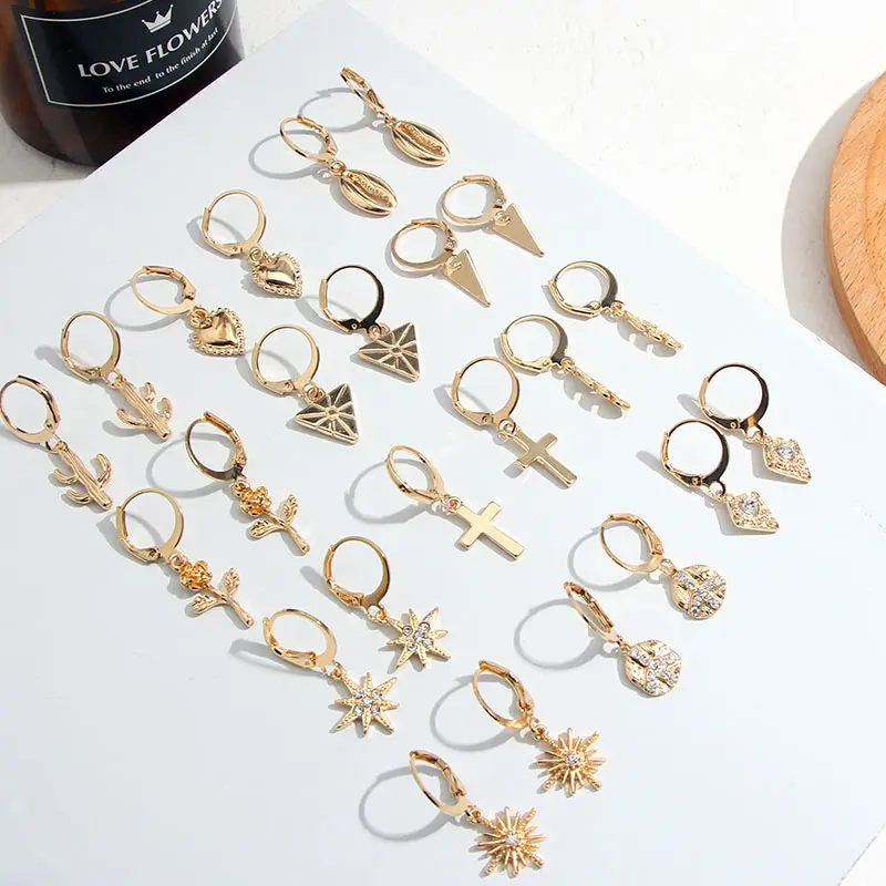 

JUST FEEL New Rose Flower Cross Hoop Earrings For Women Gold Color Fashion Heart Star Triangle With Crystal Cartilage Earrings
