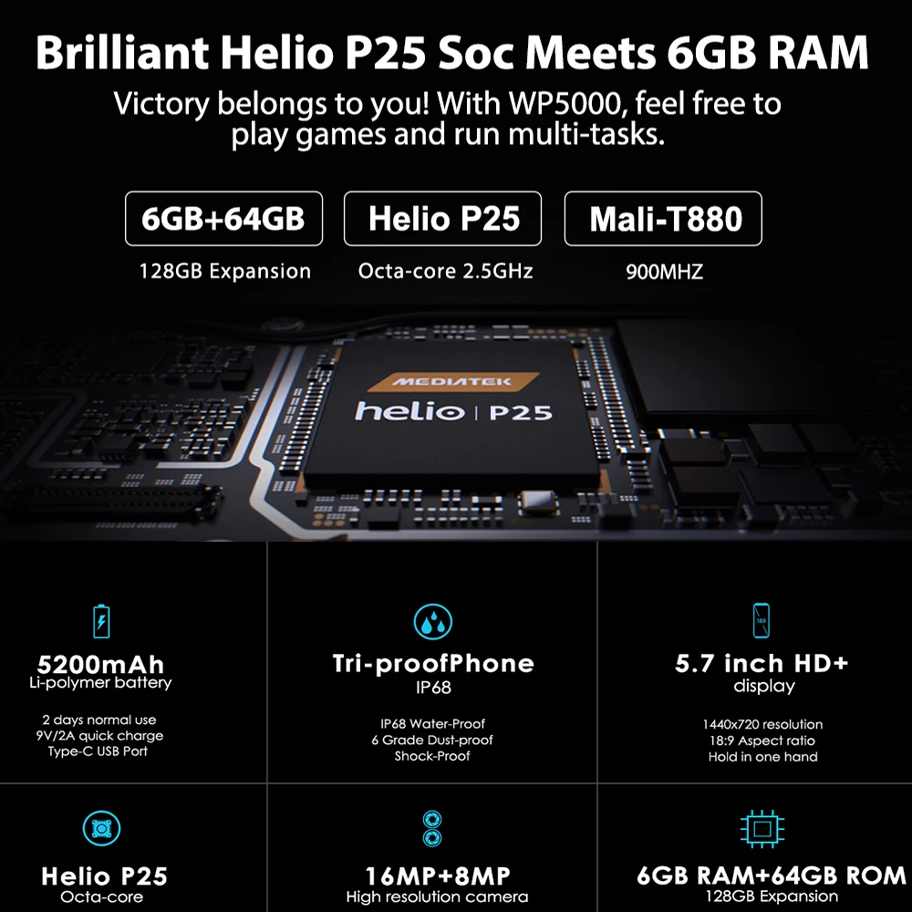  OUKITEL WP5000 IP68 Waterproof Smartphone 5.7'' Helio P25 Octa Core 16.0MP 6GB RAM 64GB ROM 5200mAh