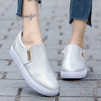 

2020 Autumn Leather Loafers Women Fashion Ballet Flats White Shoes Side Zipper Slip On Loafers Gray Tennis Shoes For Women