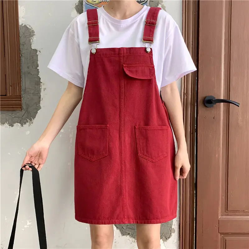 Dress Women Retro Denim Summer Suspender Sarafan Loose Oversize Overall Female Casual Stylish Solid All-match Preppy Ulzzang Ins t shirt dress Dresses