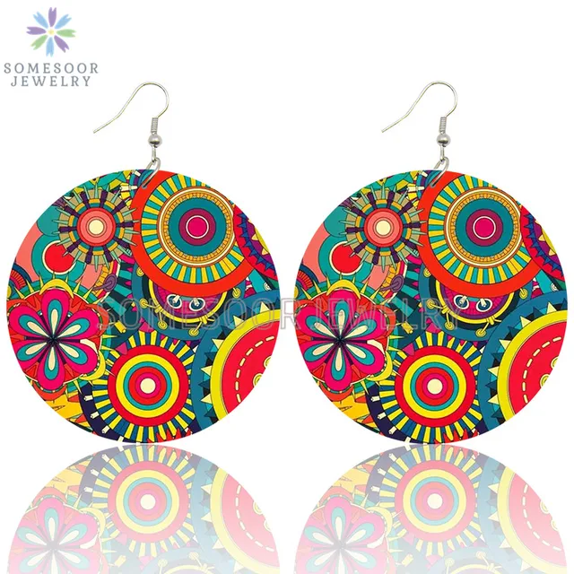 SOMESOOR Vintage Bohemian Flower Wooden Drop Earrings African Ethnic Beautiful Loops Pendant Dangle Jewelry For Women Gifts Both Sides Print 6