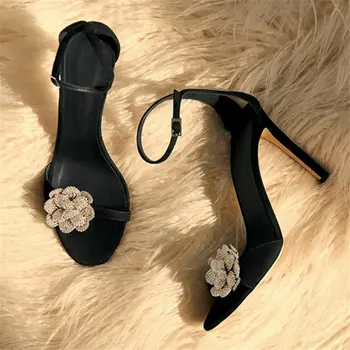 

High Heels Sandals Woman Luxury Brand Summer Crystal Flowers Buckle High-heeled Shoes Women Black Flock Gladiator Sandals