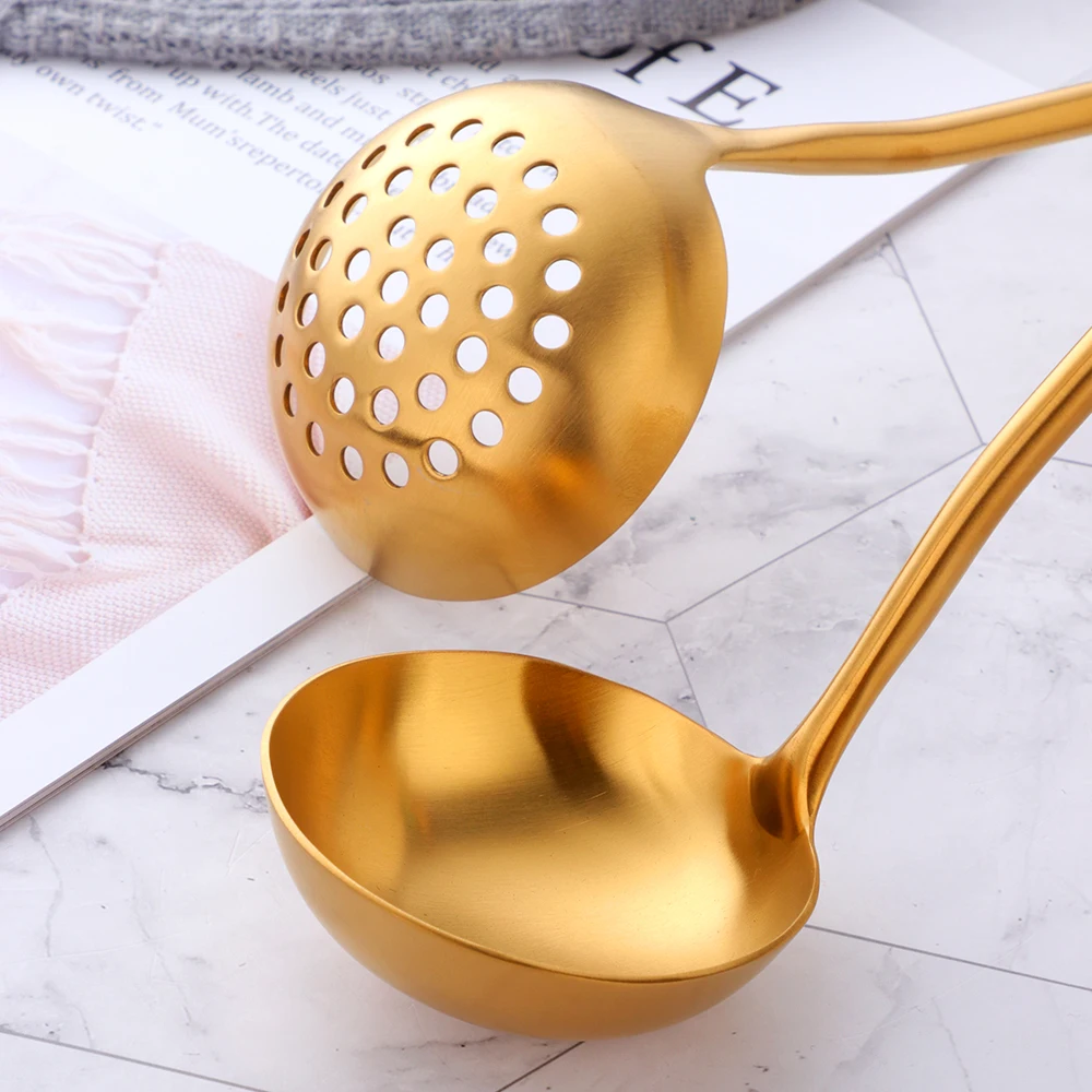 2Pcs/Set Gold Spoon Stainless Steel Soup Ladle Scoup Skimmer Long Handle Cooking Tool set Table Kitchen Accessories for Hot Pot kitchen utensils