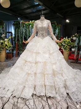 شراءBGW فستان زفاف فاخر بكريستال وأكمام رقبة عالية وأربطة خلفية ثوب زفاف طبقة كعكة Vestidos De Noiva 2020
