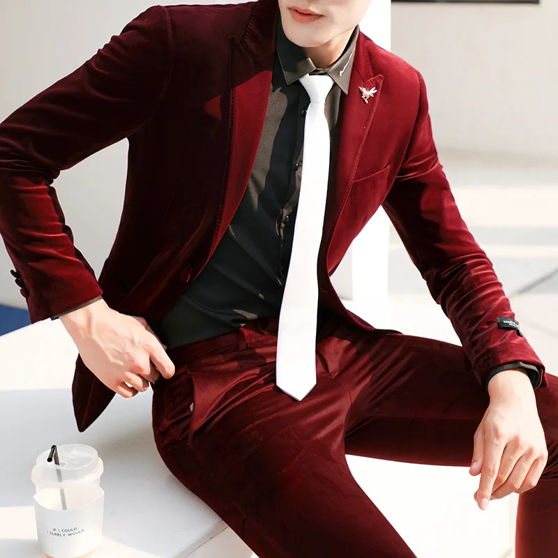 

Suit Male Two-Piece Men's Velveteen Two-Button Marriage Wine Suit Dinner Formal Dress Men'S Wear