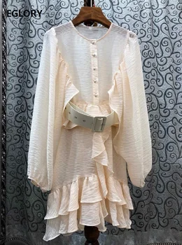 

Top Grade Designer Dress 2020 Spring Summer Sexy Party Women Vintage Buttons Belt Deco Lantern Sleeve Cascading Ruffle Dress