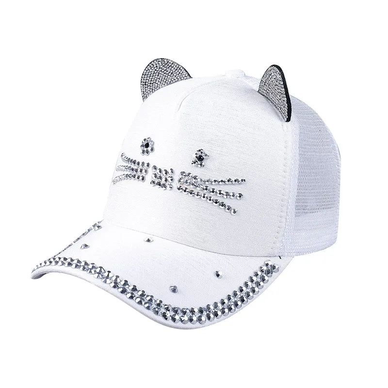 Unisex Baseball Cap Children Cat Ears Rivets Sun Cowboy Hat Snapback Rhinestones Diamond Cap for Boy Girls Casual Cap Bone Gorro - Цвет: White