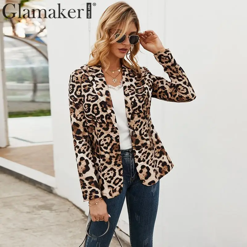 Glamaker, Леопардовый принт, отложной воротник, куртка для женщин, пуговицы, длинный рукав, теплый элегантный блейзер для женщин, Осень-зима, сексуальная куртка