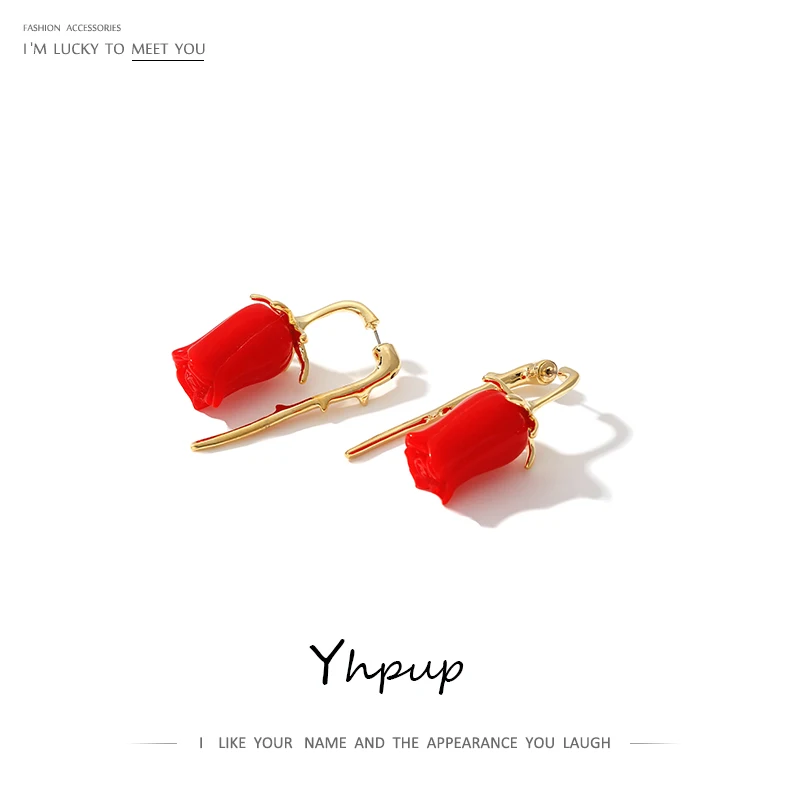 

Yhpup Sweet Personality Rose Flower Stud Earrings Red Plastic Charm Copper Earrings Brincos for Female Party Jewelry Gift 2020