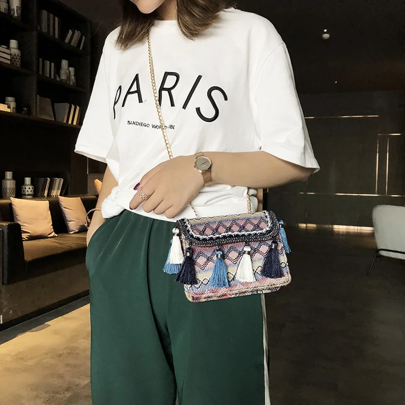 

National Wind Bag Women's New Arrival 2019 New Style Fashion Tassels Korean-style Versatile Cool Shoulder Bag Shoulder Square Sl