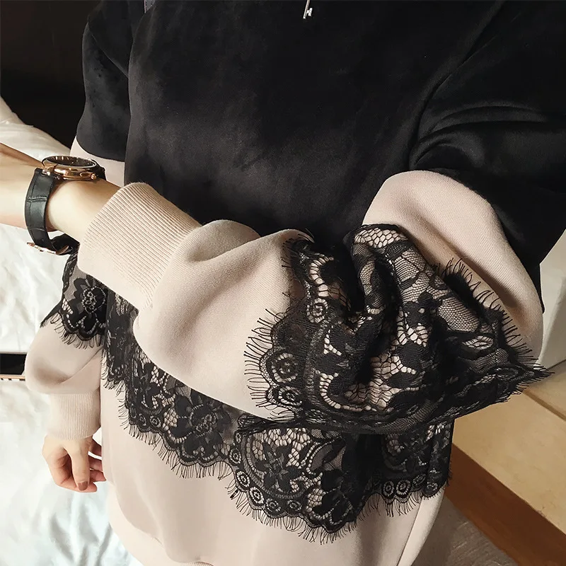 Factory Winter New Style Student Hoodie Korean-style Fashion plus Velvet Loose Lace Long Sleeve Sweet Dress