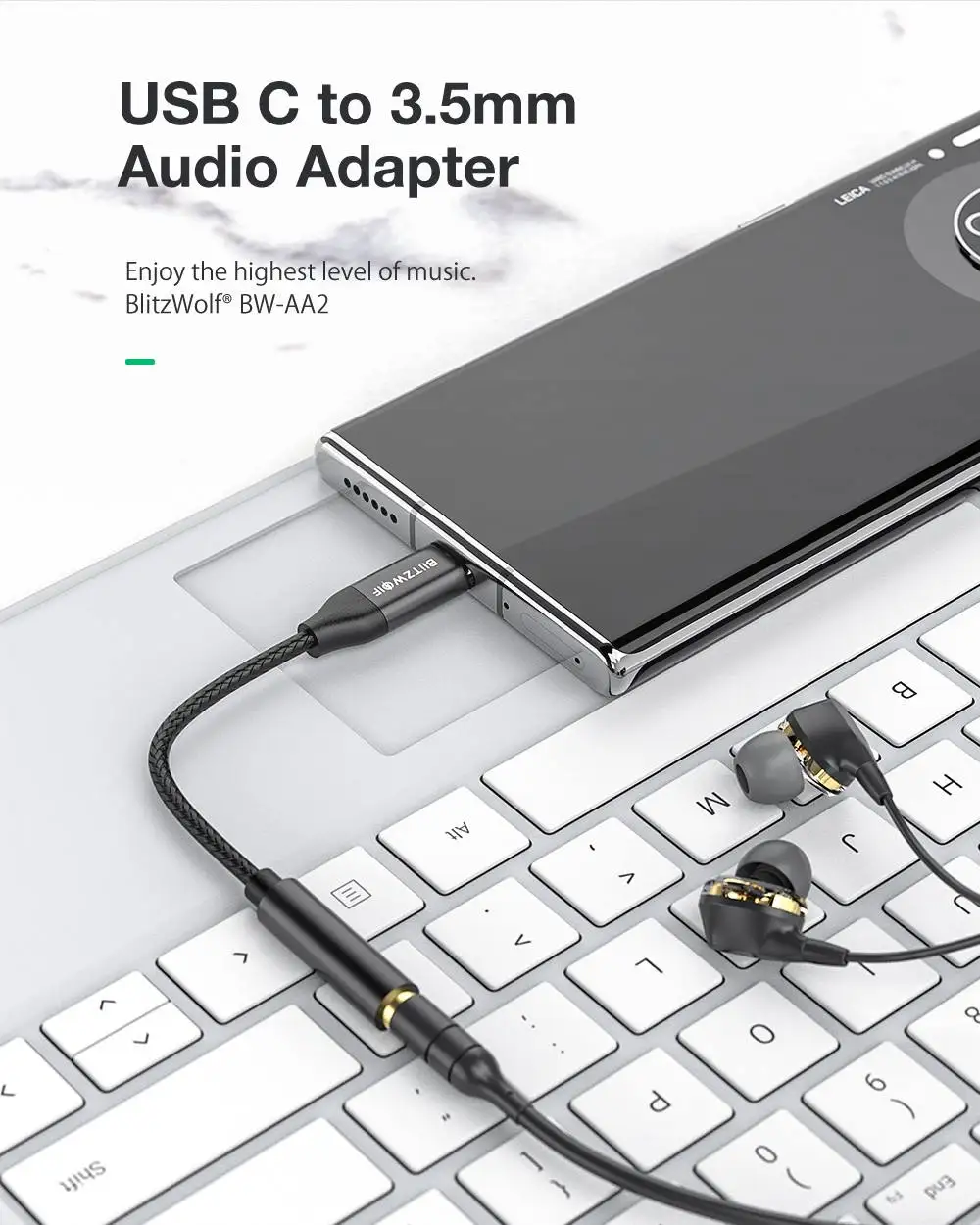 BlitzWolf BW-AA2 USB-C to 3.5mm Audio Headphone Jack Adapter description image