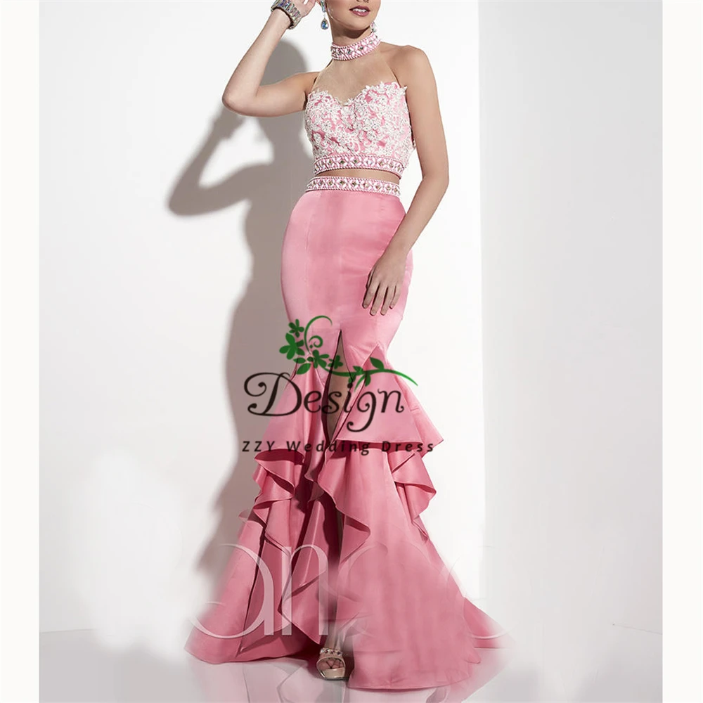 Vestidos De Fiesta De Noche розовый Saitn Бисероплетение Кристаллы Многоуровневая полная длина на заказ vestido de formatura