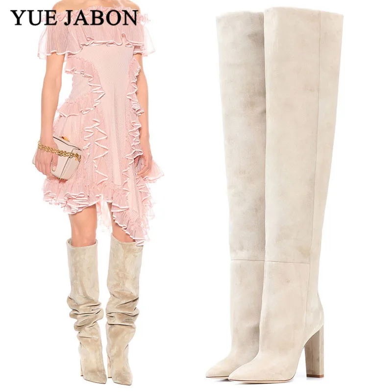 Зимние ковбойские сапоги до колена замшевые кожаные на высоком каблуке кожаная