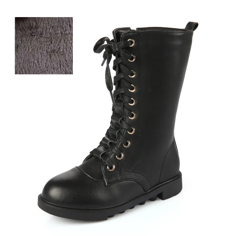 Black cotton boots Детские зимние плюшевые высокие сапоги; кожаные зимние сапоги для девочек; цвет черный, белый, красный; Дизайнерские Сапоги принцессы для девочек-подростков; Размеры 26-39 - Цвет: Black cotton boots