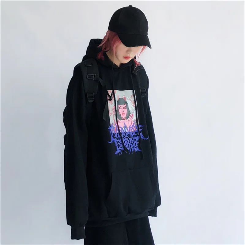 Lychee Harajuku повседневные свободные женские флисовые толстовки Devil Girl письмо женские флисовые толстовки с капюшоном осень зима женские топы