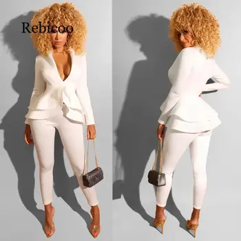 

Women Autumn Deep V-Neck Tops And High Waist Pants 2 Piece Set Ruffles Casual Solid Long Sleeve Sexy Suit Pants Outfits