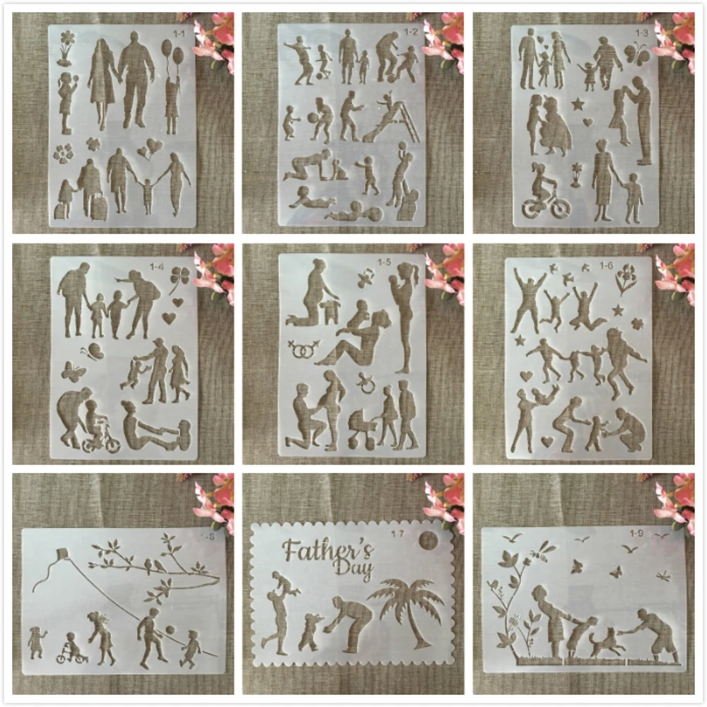 

9Pcs/Set A4 29cm Family Parents Children DIY Layering Stencils Painting Scrapbook Coloring Embossing Album Decorative Template