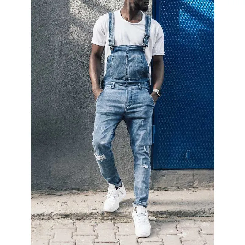 Men's High Street Distressed Denim Bib Overalls Ripped Holes Jeans Jumpsuits For Male Pants Washed Size S-3XL (1)