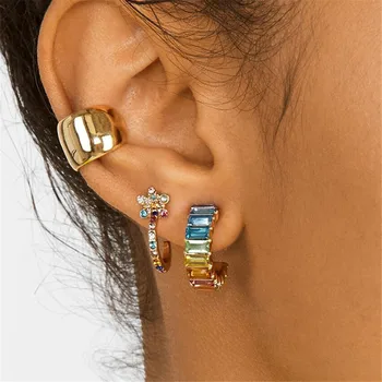 

2 Pcs/Set Women Colorful CZ Round Stud Earring Bohe Flower Crystal C Shape Earcuffs Clip Fashion Wedding Jewelry