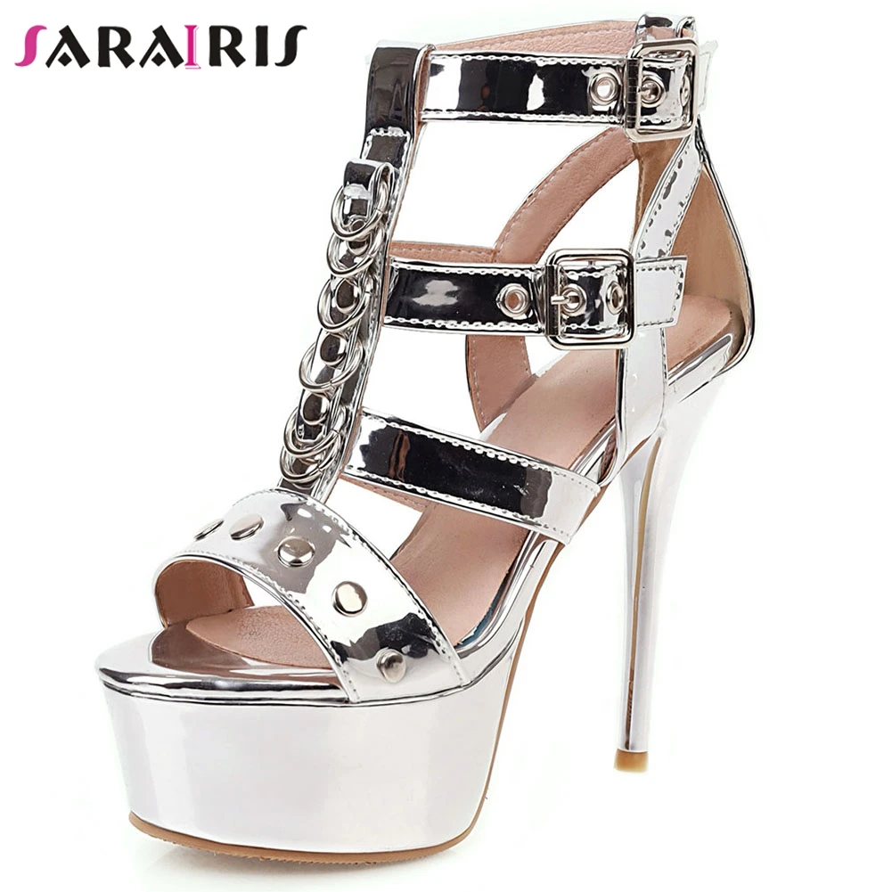SARAIRIS New Female Decorating Gladiator Sandals 2020 High Thin Heels Women Street Cool Punk Shoes Woman | Обувь