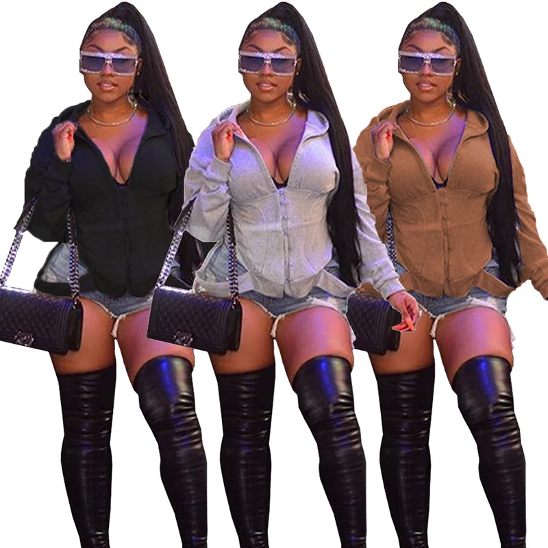 

Solid Color Hooded Hook Buckle Long Sleeves Slit New Arrival Autumn Women Hoodie High Street Style Cotton Tops