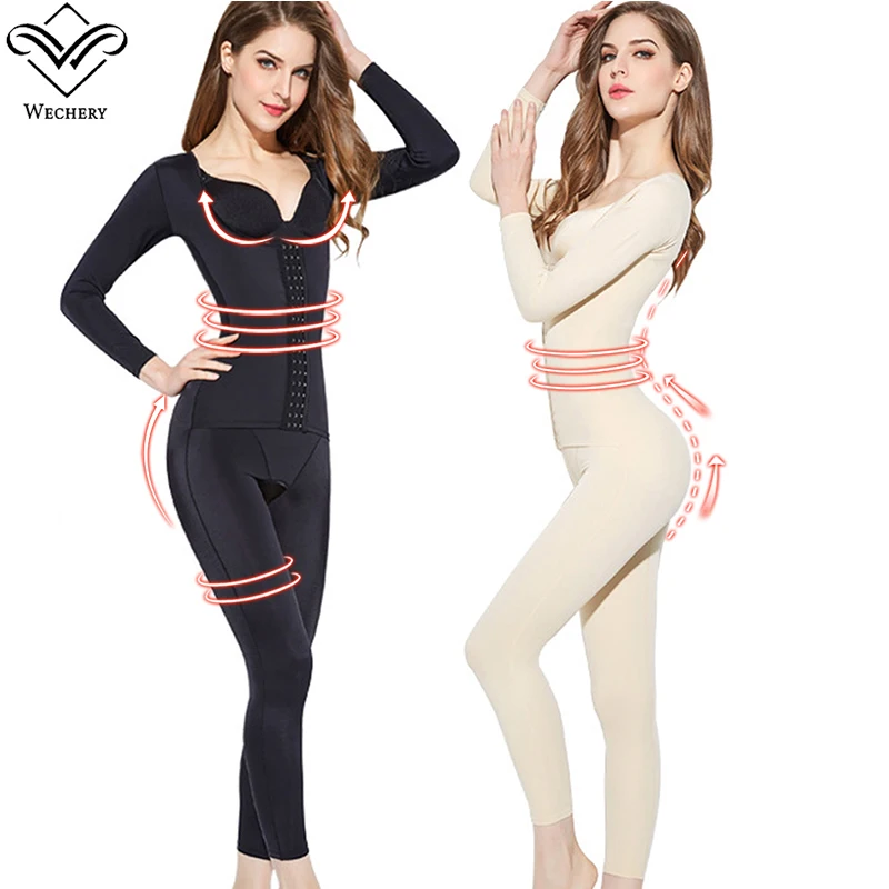 Wechery Shaper Women Shapewear 3-row Hook Slimming Bodysuit Full Length Long Sleeve Body Shaper Open Crotch Bodies Waist Trainer