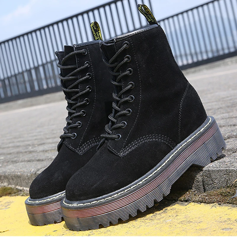 

Genuine Leather Boots Flat Platform Boots Women Shoes Autumn Winter Fur Fashion Round Toe Lace-up Leather Boots Ladies Shoes