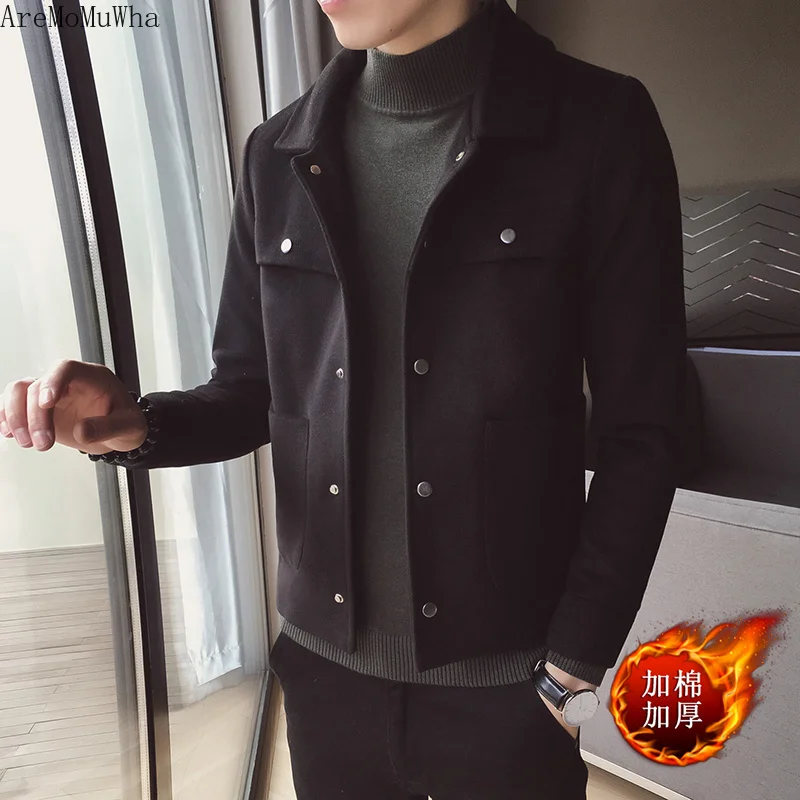 

AreMoMuWha 2018 New Woolen Coat Men's Autumn and Winter Trend Thickening Korean Version of The Slim Youth Tooling Jacket QX246