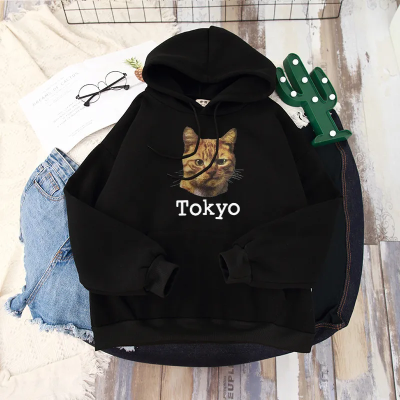 

2019 autumn and winter plus velvet thickening new kitten print long-sleeved hooded women loose sweatshirt WGNVWY41