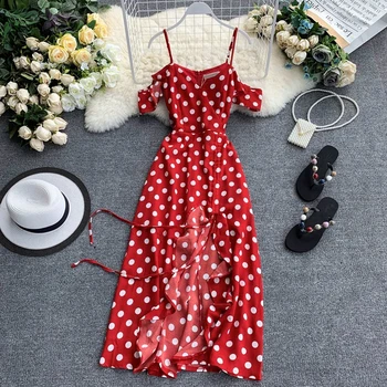 

2020 Vintage V Neck Red Polka Dot Women Midi Dress Elegant Irregular Ruffles Spaghetti Strap Dress Boho Chic Drawstring Vestidos
