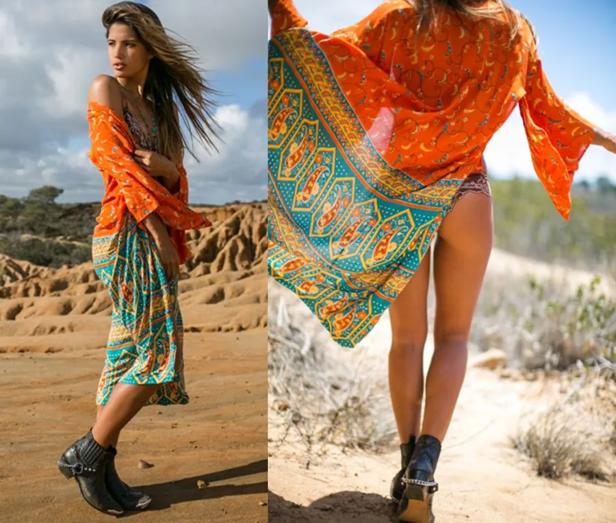 

Orange Print Women Summer Beachwear Kimono Cardigan Beach Cover Up Pareo Sarong Beach Wrap Mid-Calf 2019 Bohemian Chiffon Lady