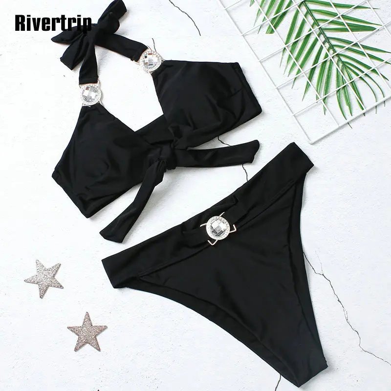 

Rivertrip High Waist Bikini Sexy Halter Swimwear Women New Swimsuit Female Bandage Bow Bathing Suit Women Biquini 2019