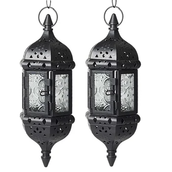 

2 Pack Hanging Candle Holder Chandelier Moroccan Vintage Hanging Candle Holders Lantern Contain 40cm Chain (Black)