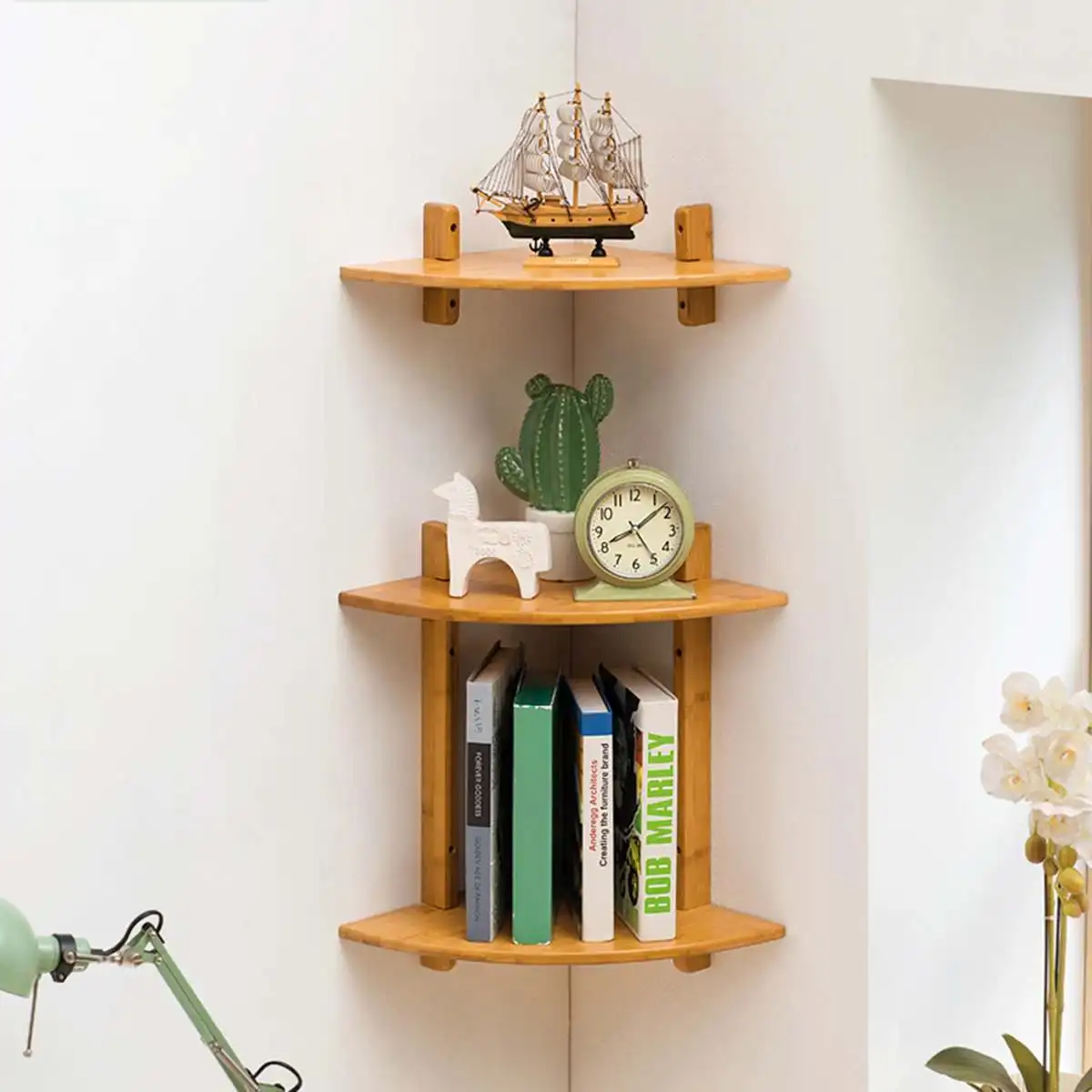 

1/2 Tiers Corner Bookshelf Storage Rack Wall mounted Bamboo Fan Shaped Corner Desk Sundries book Shelf Organizer office home