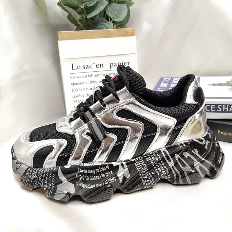 Женские кроссовки; модная обувь; женские кроссовки на платформе; zapatos de mujer; женская обувь на толстой подошве; обувь для папы; дышащая Серебристая обувь