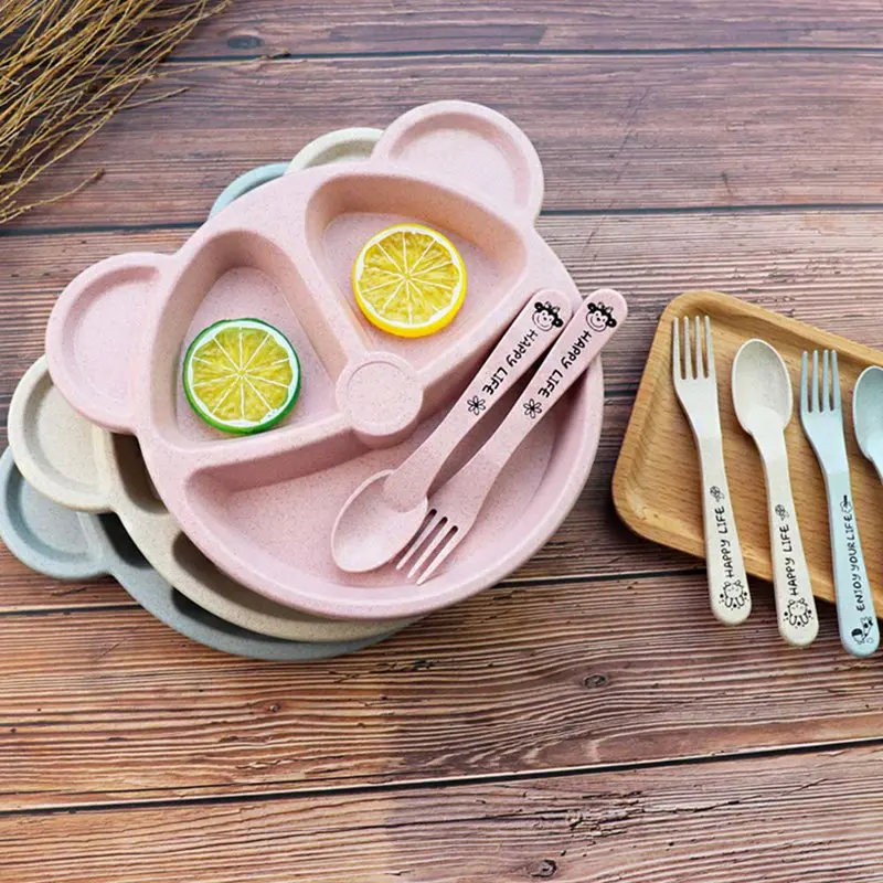 3 шт./компл. детский обеденный для тарелочной чаши, ложки, вилки, набор для кормления посуда Носки с рисунком медведя из мультика в виде детей разделенные блюда, столовые приборы