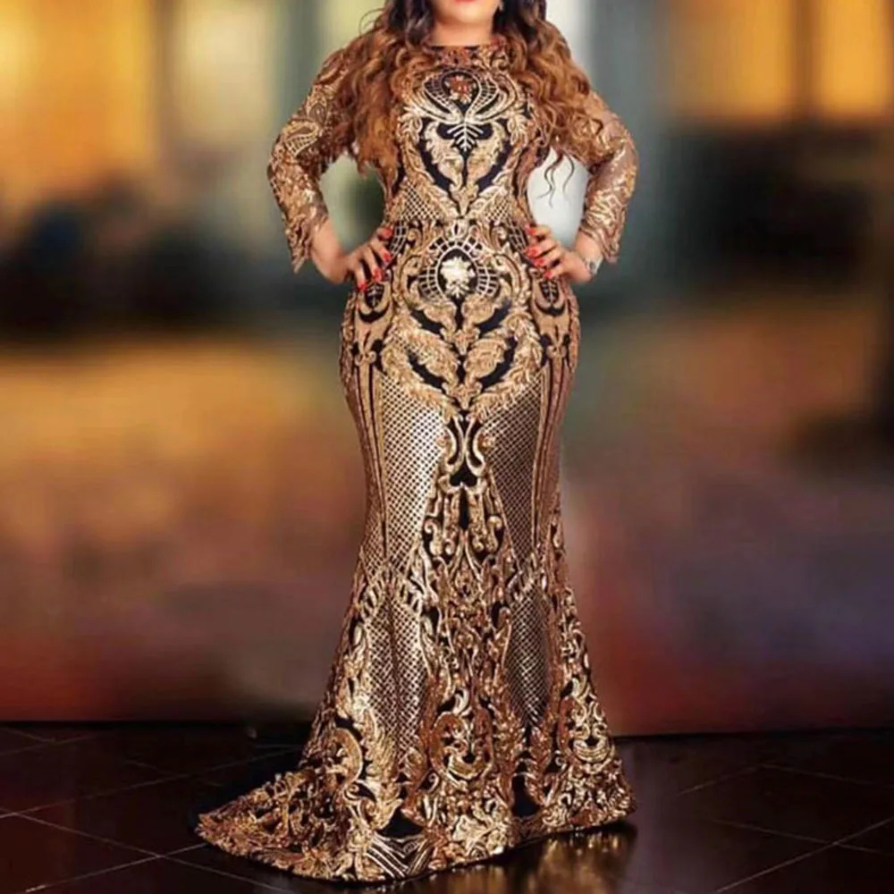 

African Ladies Sequins Party Dress Long Sleeve Luxury Golden Glitter Sexy Mesh Bodycon Women Evening Dinner Plus Size Maxi Dress