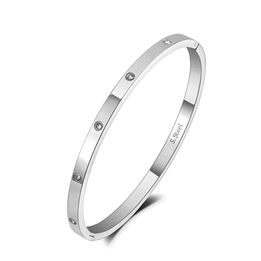 BOBOTUU CZ Crystal 4mm Cuff Bangle For Women Girls Cubic Zirconia Love Titanium Stainless Steel Bracelet Jewelry BB19063 bangle bracelet crystal bracelets zircon bracelet zirconia bangle stainless steel bracelet