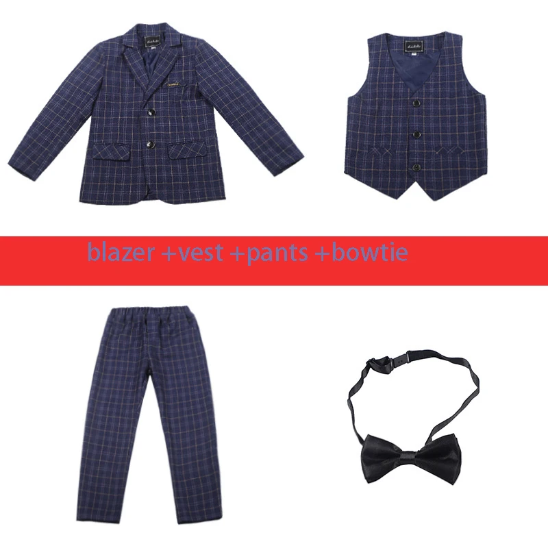 blue 4pcs Строгий Детский костюм в клетку высокого качества; костюм с цветочным узором для мальчиков; свадебное пианино; костюм для подиума; детский Блейзер; жилет; брюки; рубашка - Цвет: blue 4pcs