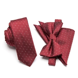 Men Tie Bowtie Cravat Set Red Wine Dot Fashion Classical Skinny Polyester Ties Wedding Gifts Party Accessories Business Necktie