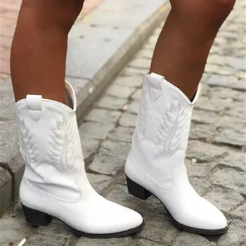 Botas occidentales de invierno para mujer, zapatos de piel de tacón bajo sin cordones Retro romano, Botas de vaquero de media caña, 2019